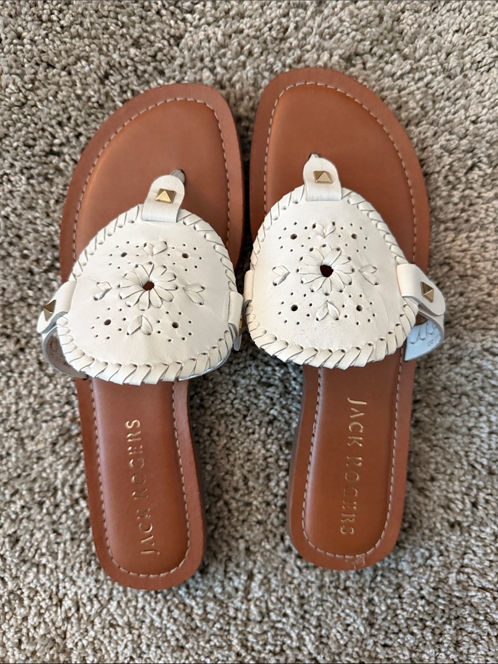 Jack Rogers White Leather Sandal with Whipstitch Medallion
